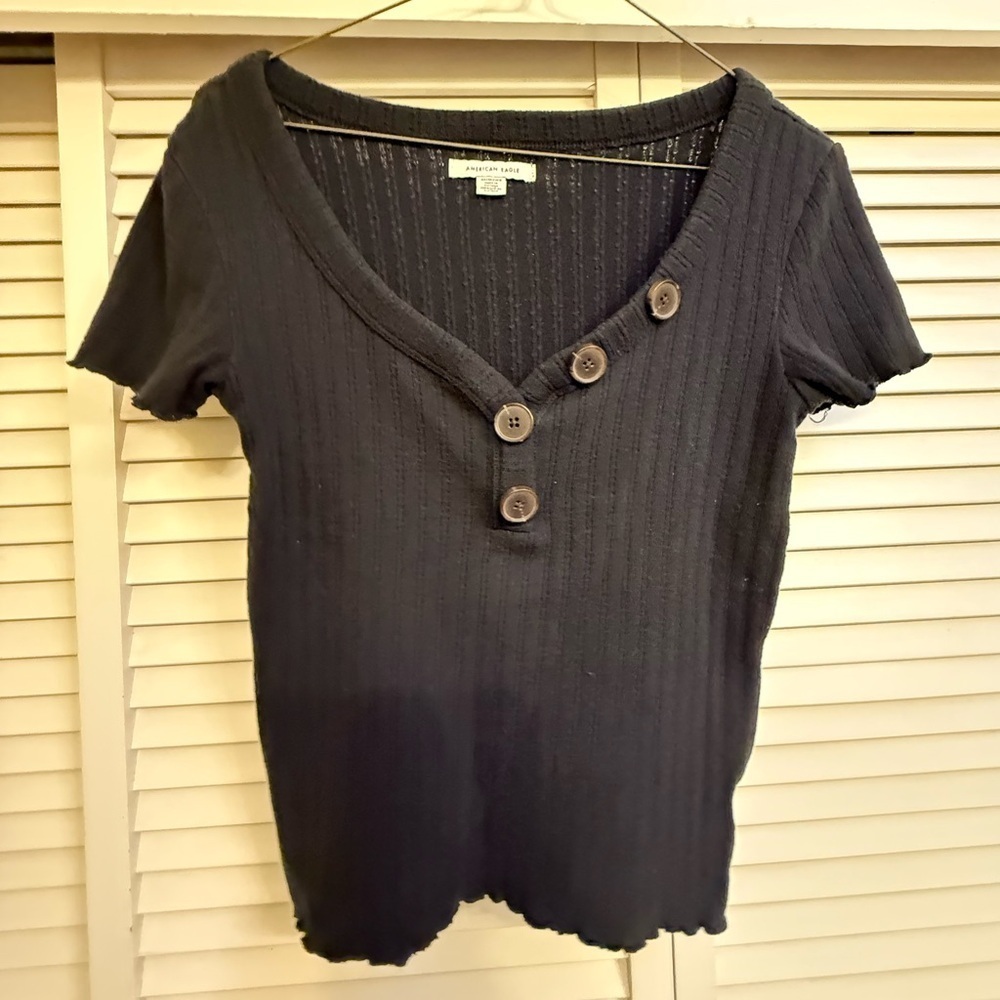 American Eagle Outfitters Black Ribbed V-neck Short Sleeve T-Shirt Sz XS